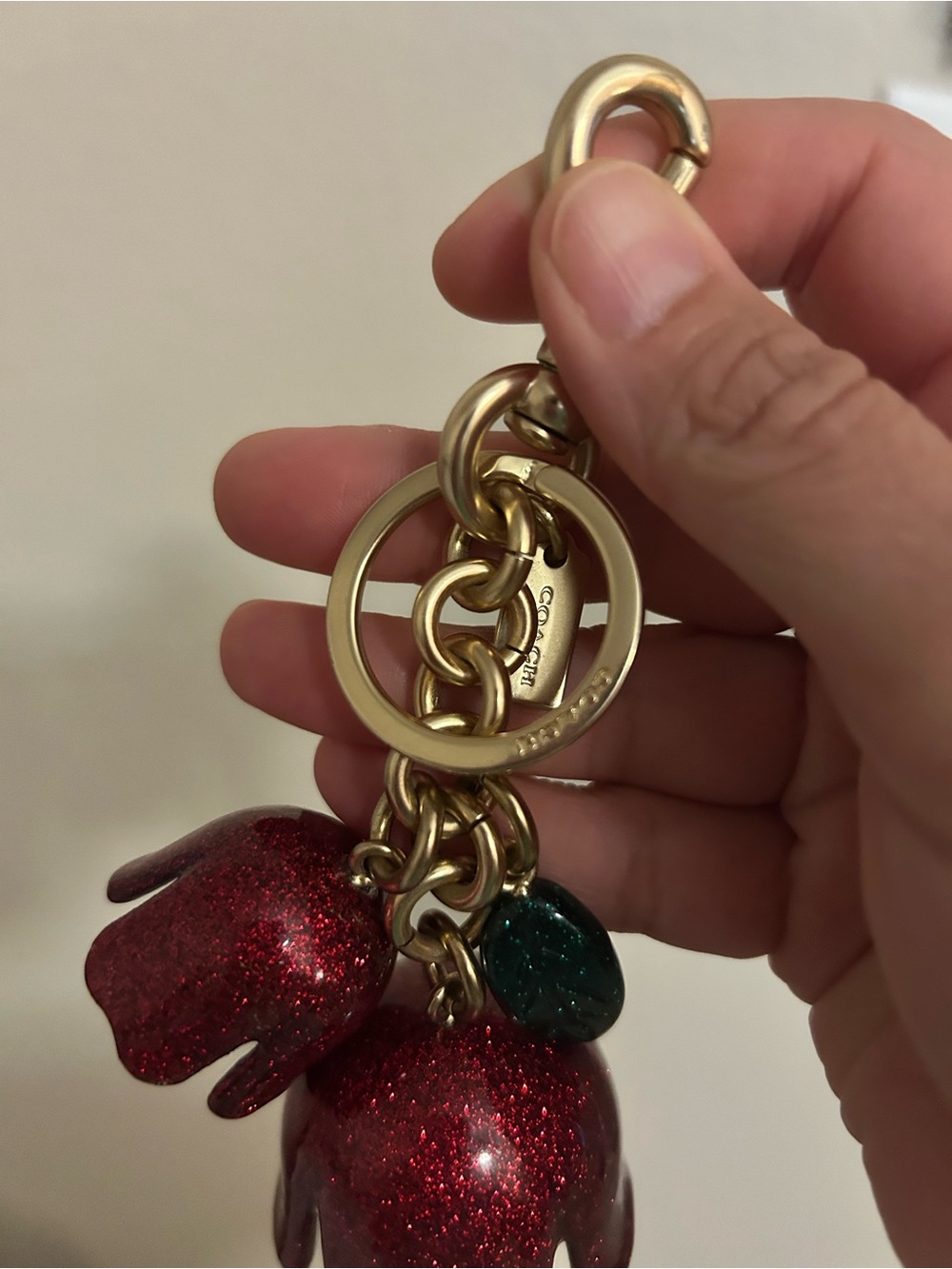 Coach Resin Red Glitter Tea Rose Green Leaf Handbag Charm Keychain - Picture 3 of 8